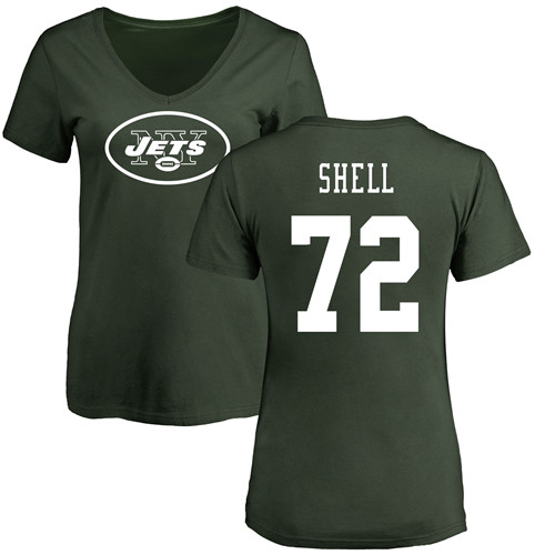 New York Jets Green Women Brandon Shell Name and Number Logo NFL Football #72 T Shirt